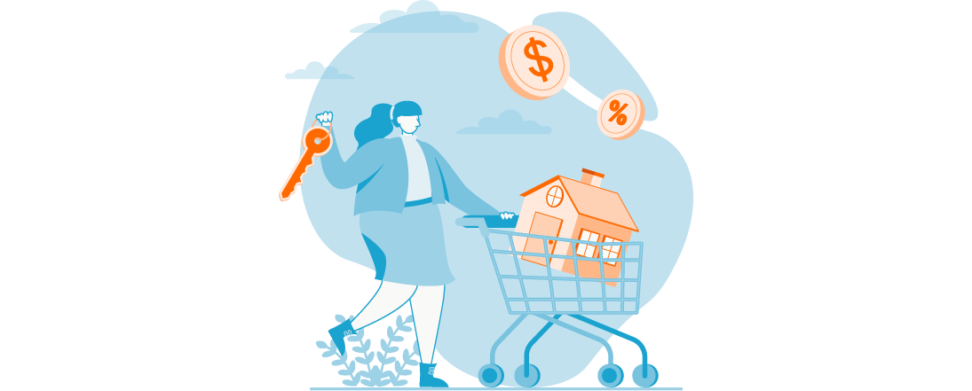 a woman pushing a shopping cart with a house in it